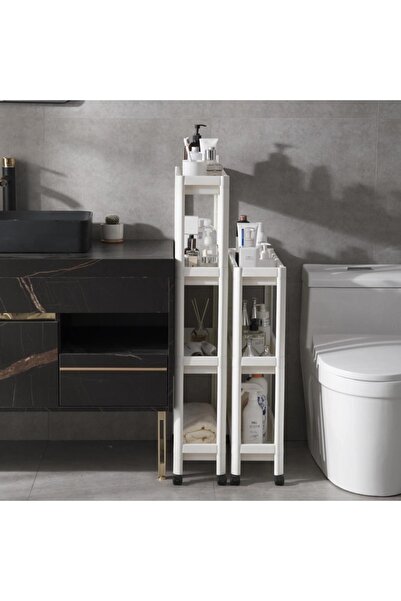 Bayev Tekerlekli 4 Katlı Ve 3 Katlı Birlikte Raf Ünitesi Organizer Seti- Bany...