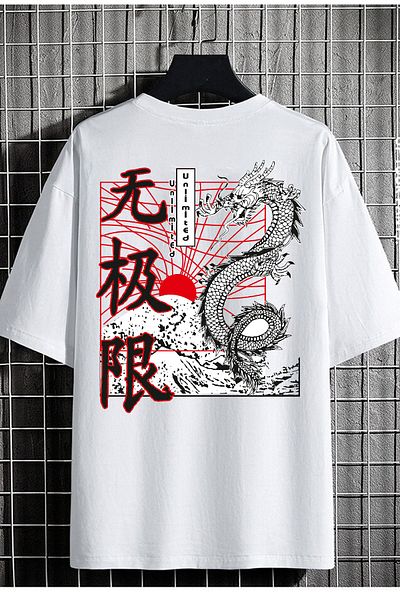 DEEPSENCE Unisex Λευκό μπλουζάκι Oversize Japondragon με στάμπα στην πλάτη