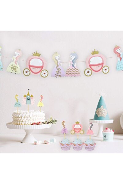 Big Party Prensesler Temalı Şatolu Arabalı Simli Banner 10 Parça Ve 10 Lu Kür...