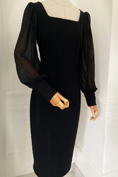 sarebutik Kare Yaka Şifon Kollu Elbise Siyah