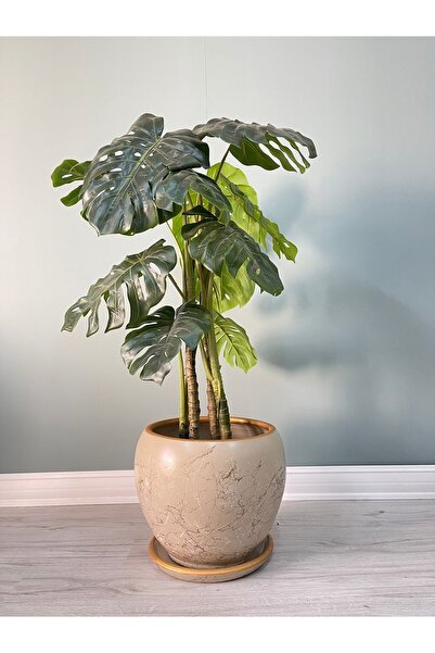 odka 40litre Küre Saksı Tabaklı 37cmx37cm Lily Taş Gold-beyaz Mermer Desenli