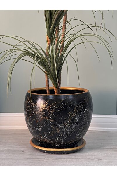 odka 10litre Küre Saksı Tabaklı 23cmx23cm Lily Siyah Gold-beyaz Mermer
