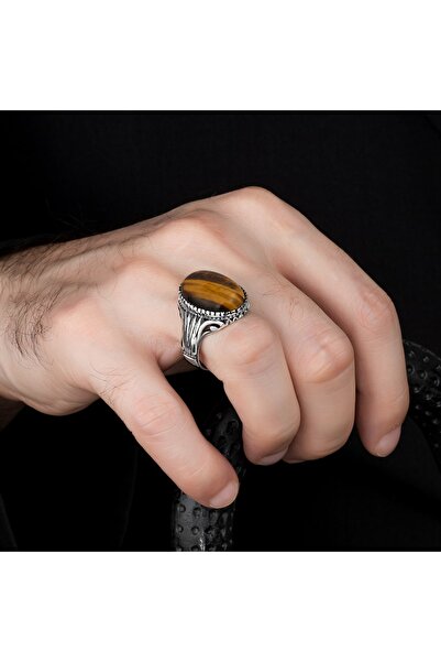 Argento Silver 925 Ayar Gümüş Yüzük Kaplan Gözü Taşlı