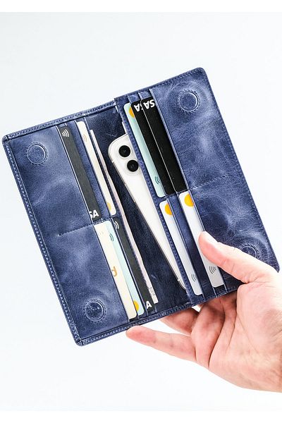 Louise Motto Portofel lung din piele Alba Blue - Portofel unisex cu compartiment pentru telefon
