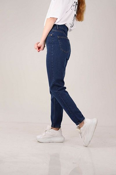 TugsatTasarTekstil Hyper Dark Blue Mom Jean Femei Boyfriend Colorfast Power Lycra Gathering Pantaloni