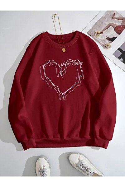 MOONBULL Oversize Claret Red 3heart Printed Sweatshirt