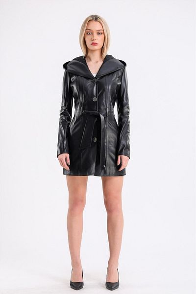 Leather Club Black Hooded Leather Coat