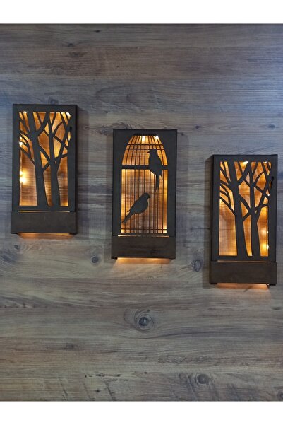 Elfora 3'lü Set Ahşap Tablo Peri Ledli Ev Hediyesi Hol Antre Mutfak Balkon Gece Lambası Duvar Dekoru