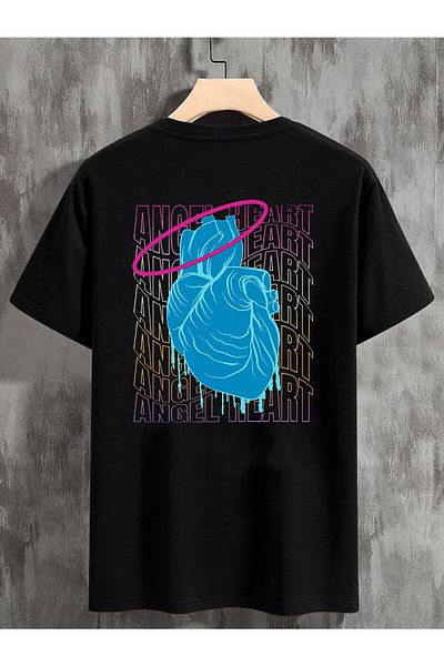 DEEPSENCE Unisex Black Oversize T-shirt Angel Heart Back Printed