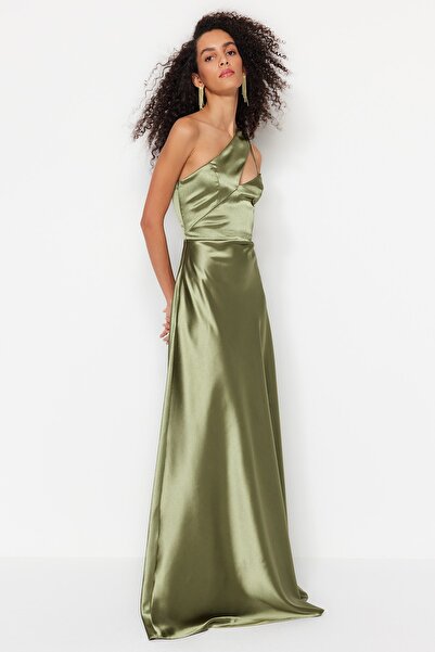 Trendyol Collection Rochie de seară lungă, cu croială A, împletită din satin kaki - TPRSS23AE00045
