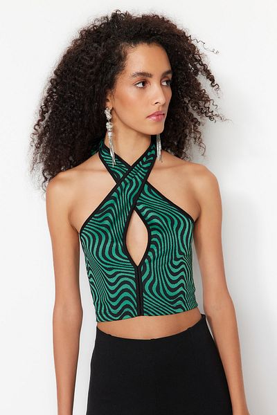 Trendyol Collection Black-Green Crop Knitted Window/Cut Out Detailed Animal Patterned Bustier TPRSS23BS00081