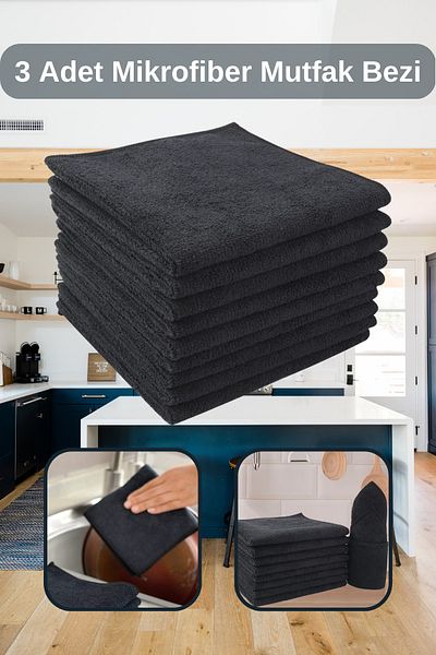 alorez 3 Pieces Microfiber Cleaning Cloth Black Kitchen Cloth