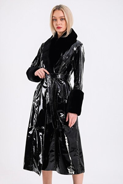 Leather Club Siyah Rex Kürk Garnili Rugan Deri Kaban