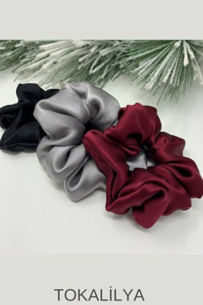 TOKALİLYA Kadın 3Lü Çapı 15 Cm Saten Saç Lastik Simit Scrunçhie Toka Seti