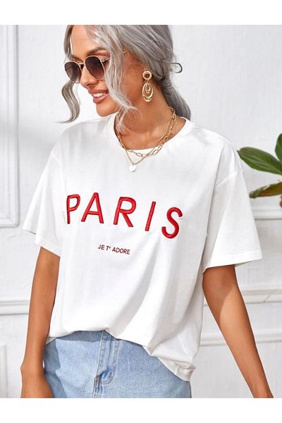 Josette Μπλουζάκι Unisex White Paris Printed Crew Neck Oversize