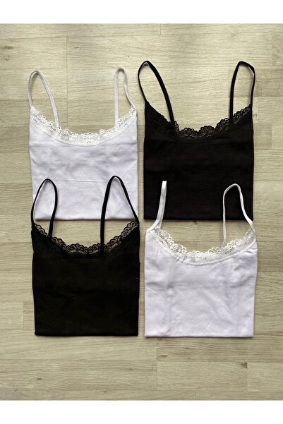 VicTroy 4 Pieces Black and White Oval Collar Lace Rope Strap Cotton Undershirt