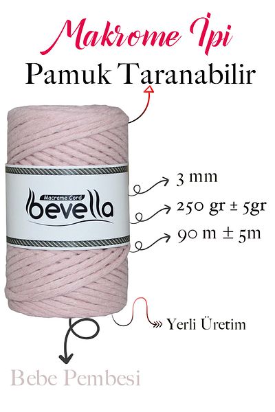 Bevella Macrame Cord Σκάνδαλο Macrame Twine 3mm Σκάνδαλο βαμβακερό μονό στριφτό Macrame Twine Baby Pink Powder