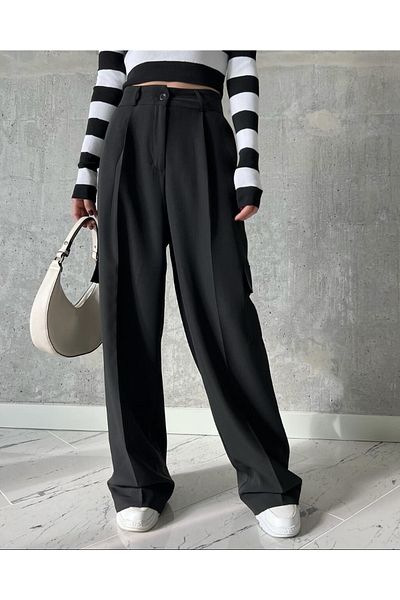 NET OF NOT Schwarze Cargo-Palazzohose mit hoher Taille und Taschendetail für Damen