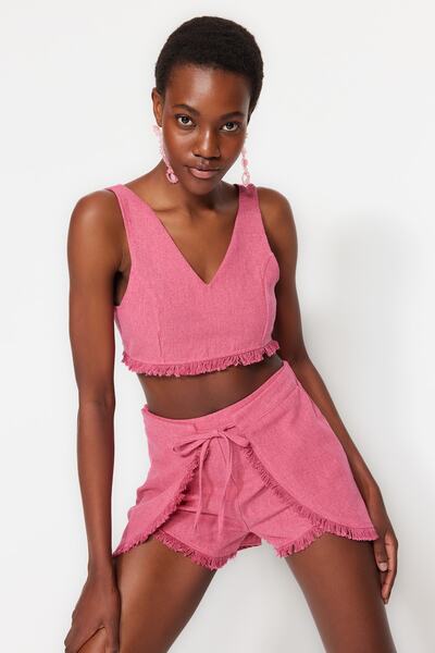 Trendyol Collection Rózsaszín bojt részletes strandblúz-strandnadrág szett TBESS22AU0141