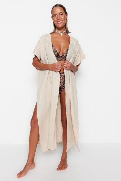 Trendyol Collection Maxi Beige Belted Slit Muslin Beach Kimono - Tbess23Km00019