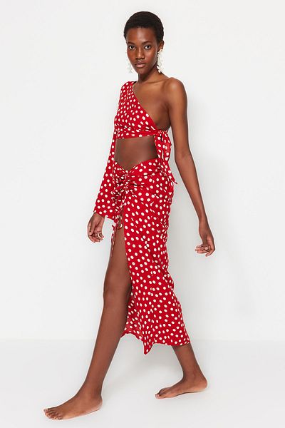Trendyol Collection One-Shoulder Polka Dot Split Blouse and Beach Skirt Set - Tbess23Au00086