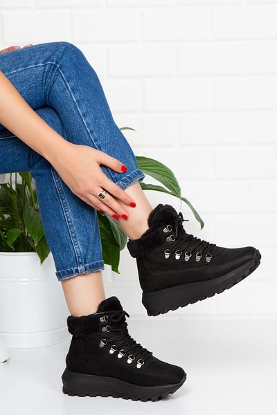 Aleza Shoes Γυναικείες μπότες με γούνινο σουέντ μαύρο
