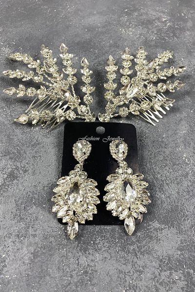 Hobigram Set de accesorii pentru păr și cercei cu coroană Henna model Helen cu frunze duble argintiu – Coroană, piatră de cristal –