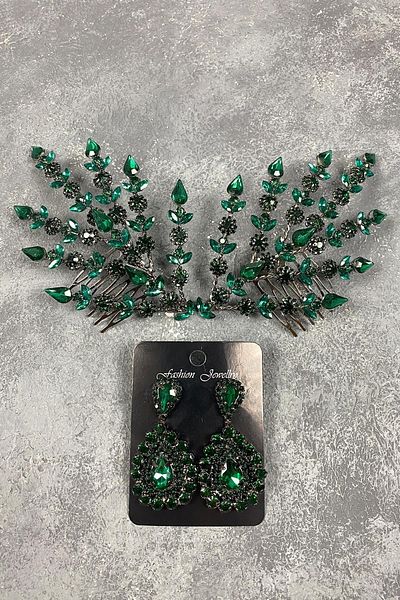 Hobigram Accesoriu pentru păr cu coroană cu henna model Helen cu frunze duble verzi și set de cercei de seară cu pietre prețioase – Coroană