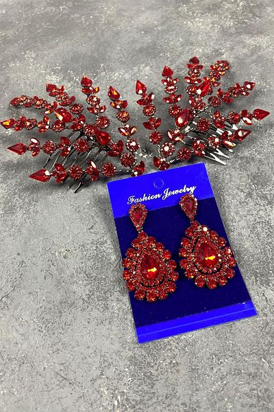 Hobigram Set de cercei roșii cu frunze duble Helen Model Henna Crown Accesoriu pentru păr și piatră picătură pentru rochie de seară – Coroană