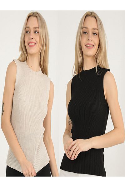 VEGENZE Pulover de damă, bej-negru, cu guler zero, cu mâneci zero, elastic elastic