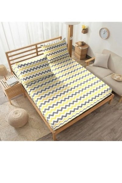mer-tim ezberbozan ev tekstili Mer-tim Cotton Ranforce Single 90x190 Cm Fabric Elastic Sheet Set - Yellow Zigzag Pattern