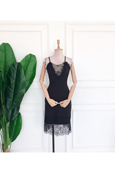 sarebutik Dantelli Ip Askılı Siyah Kalem Elbise