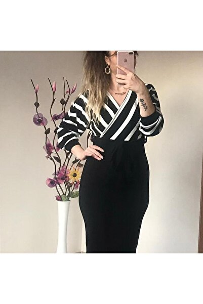 JANES Γυναικείο πλεκτό φόρεμα με ριγέ μοτίβο με διπλό στήθος μεσαίου μεγέθους λεπτή ζώνη 85 εκ.