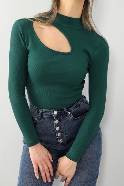 LACHT Bluză tricotată cu nervuri, decupată, verde, pentru femei