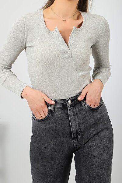 LACHT Γυναικεία μπλούζα γκρι με πάτσα πλέξη ριμπ