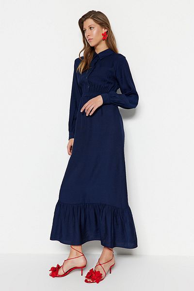 Trendyol Modest Navy Blue Half Placket Gather Detailed Woven Dress TCTSS23EB00249