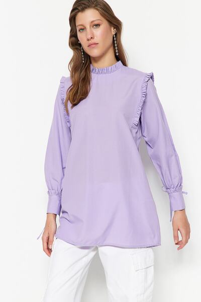 Trendyol Modest Lila váll és mandzsetta fodros szőtt pamut tunika TCTSS23UK00083