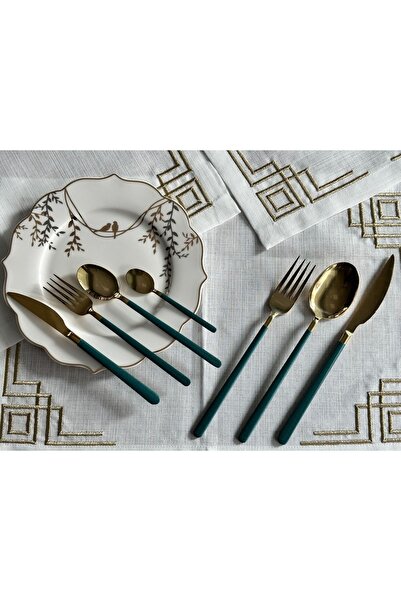 MD MİMOZA DEKOR Allegra Green&gold 42 Parça 6 Kişilik Çatal Kaşık Bıçak Seti