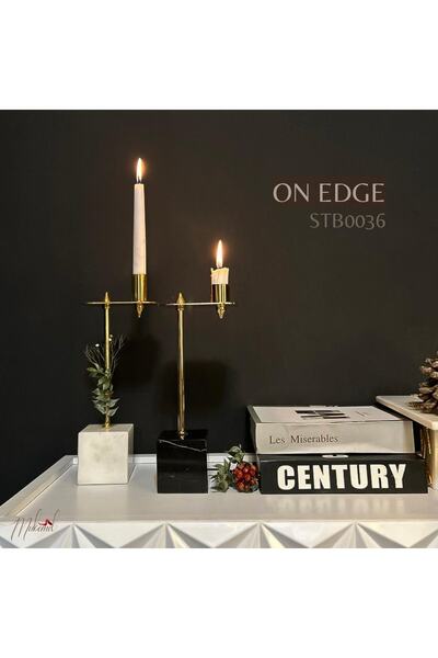 MÜKEMEL Siyah & beyaz mermer detaylı 2li şamdan, dresuar dekor şıklık katar -...