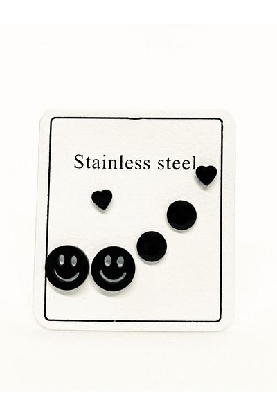 EUROMODA Black Unisex Earring Set with Steel Smiley Face Design Heart and Ball Earrings