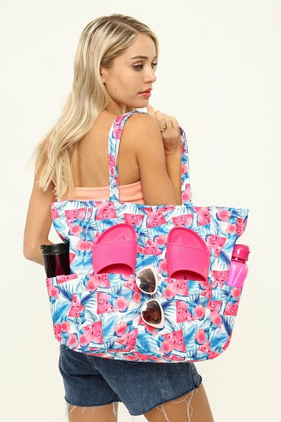 ICONE BAG Geantă de plajă - Geantă de plajă cu fermoar pentru femei, imprimată funcțională, cu model pepene verde