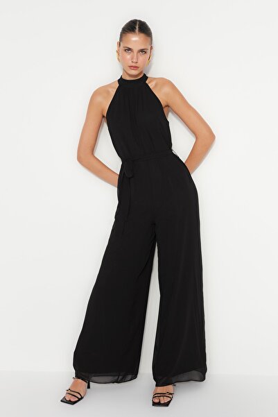 Trendyol Collection Black Belted Maxi Chiffon Lined Woven Jumpsuit TWOSS23TU00093