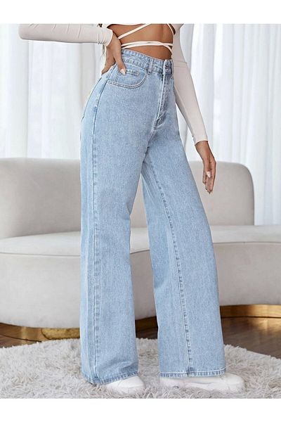 byhaziran butik Blugi Rebecca Blue Lycra cu talie înaltă cu picior lat