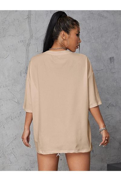 Black Sokak Blacksokak Women's Beige Rockies Printed Oversize Crew Neck Tshirt