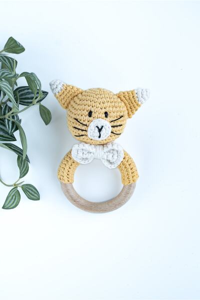 Kedi Mia Dişlik Diş Kaşıyıcı Çıngırak Amigurumi Örgü Oyuncak Yenidoğan Bebek Hediyesi