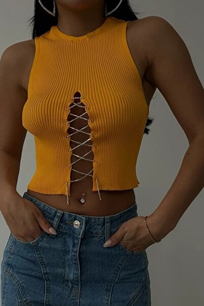 vuvutasarım Μπλούζα Mango Crop με στρογγυλή λαιμόκοψη με κορδόνια - Αμάνικο σχέδιο νέας σεζόν 23s15003