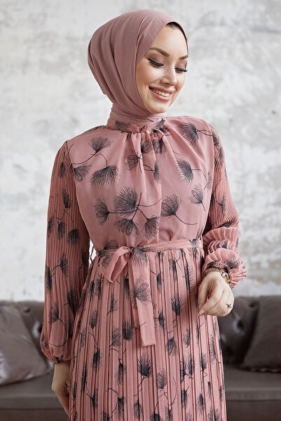 InStyle Bledé šifónové šaty s morskými listami - Dusty Rose