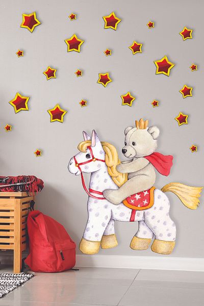 PANDA SOKAĞI Cute White Horsemen Teddy Bear Boy's Room Decorative Sticker - 70x60cm