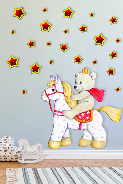 PANDA SOKAĞI Cute White Horsemen Teddy Bear Boy's Room Decorative Sticker - 70x60cm
