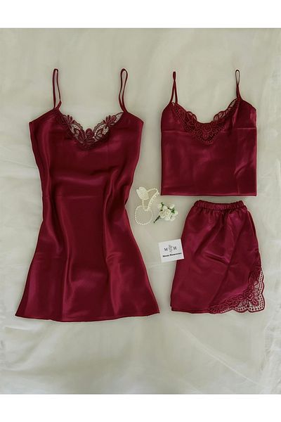 MH Moony Homewears Set de zestre din 3 piese Bordeaux satinat Bordeaux